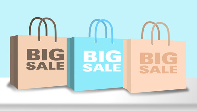 Three sale shopping bags in blue ,  beige and light brown color, with text big sale, putting on a white table at a light blue background, realistic minimalistic illustration vector 