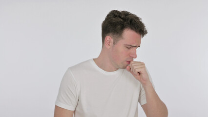 Coughing Young Man Feeling unwell on White Background
