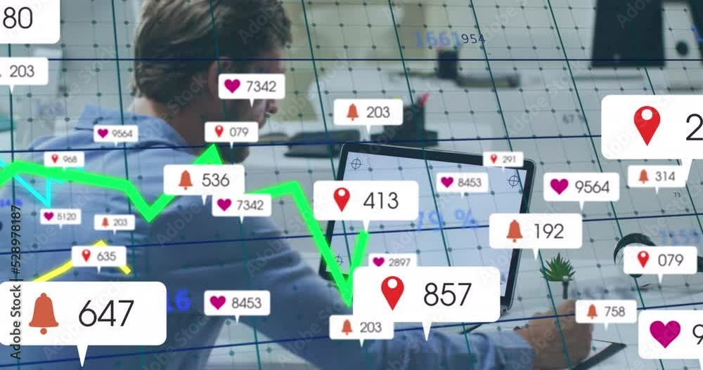 Poster animation of data processing and icons with numbers over caucasian man using laptop