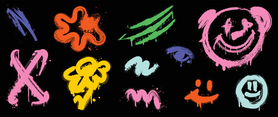 Set of graffiti spray pattern. Collection of colorful symbols, scribble, flowers, eye, smile, bear, stroke with spray texture. Elements on black background for banner, decoration, street art and ads. © TWINS DESIGN STUDIO