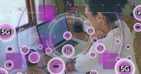 Animation of scope scanning 6g over biracial woman using laptop - Powered by Adobe