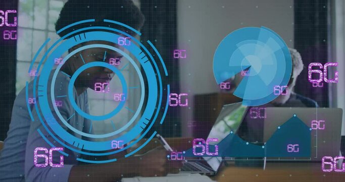 Animation of scope scanning with data processing and 6g over african american woman using laptop - Powered by Adobe