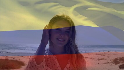 Animation of flag of netherlands over caucasian mother with child at beach - Powered by Adobe