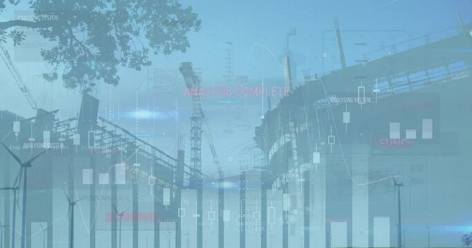 Animation of financial data processing and wind turbines over building site