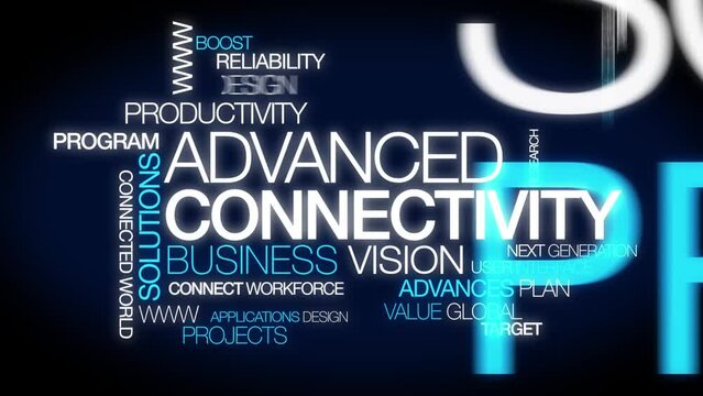 Advanced Connectivity blue words tag cloud text word title teaser conference business research high tech workforce reliability innovation connected application design advances