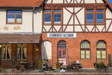 Half timbered train station in spa town Bad Salzelmen, Germany