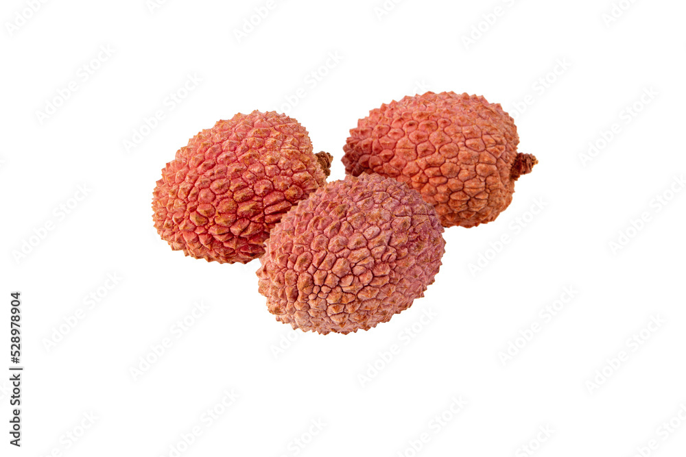 Wall mural three lychee fruits group closeup isolated transparent png. litchi chinensis unpeeled. - Wall murals