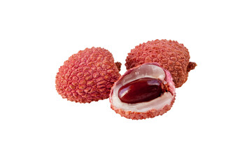 Three tropical exotic lychee fruits group closeup isolated transparent png. Litchi chinensis whole and peeled.