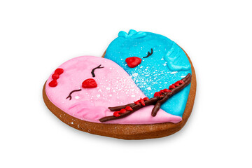 Gingerbread in the shape of a heart, with a picture of birds . Isolated on white background
