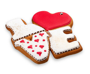 Gingerbread in the shape of LOVE. Isolated on white background