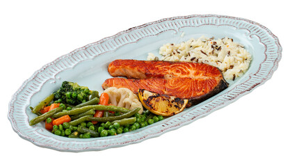 Grilled salmon steak with brown rice and vegetables.