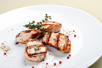 Grilled chicken breast on white background