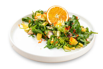 Juicy salad with arugula , orange and avocado. On a light background.