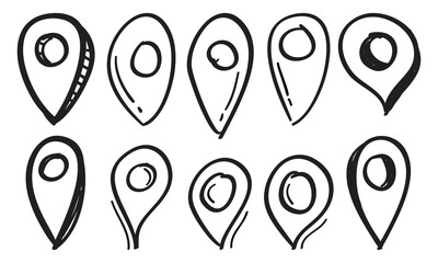 hand drawn map pins sign location icon in doodle style