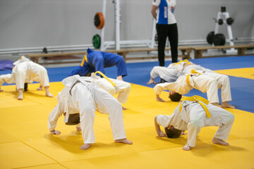 teenagers in kimono doing judo warm-up