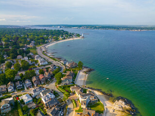 Pequot Point Beach and New London Harbor Lighthouse at the mouth of Thames River in city of New...