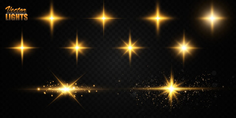 Collection of various glowing stars. A set of glare from a sunbeam. Flashes of light. Glow effect, sparks, radiance, shine. Vector illustration on a black background.