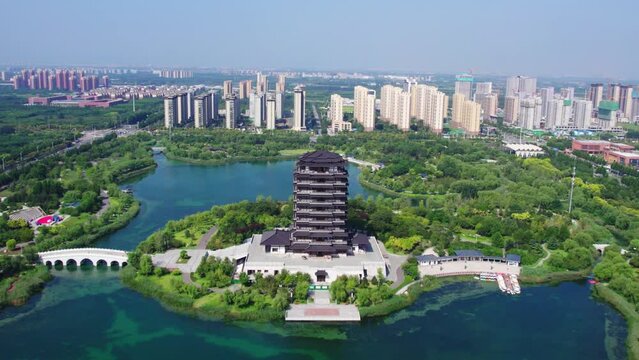 Aerial photography of ancient Chinese garden buildings in Zibo, Shandong