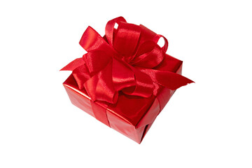 Red glossy gift box with satin ribbon bow isolated transparent png. Holidays present.