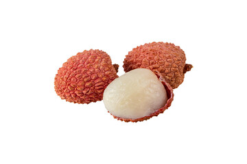 Three lychee fruits group closeup isolated transparent png. Litchi chinensis whole and peeled.