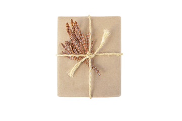 Brown craft paper gift box tied with jute rope bow and decorated with dry plant leaf isolated transparent png. Holidays present. - obrazy, fototapety, plakaty
