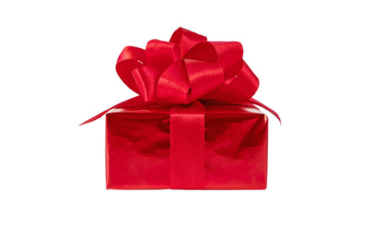 Red gift box with satin ribbon bow side view isolated transparent png. Holidays present.