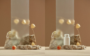 Pedestal of marble stones with dry physalis for natural cosmetics presentation on beige. Stone podium for beauty product