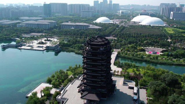 Aerial photography of ancient Chinese garden buildings in Zibo, Shandong