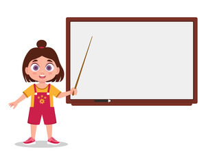 A girl with a pointer at a white board, without an inscription. vector illustration