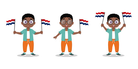 Set of child with the flag of the Netherlands in his hand. Boy with a flag. vector illustration