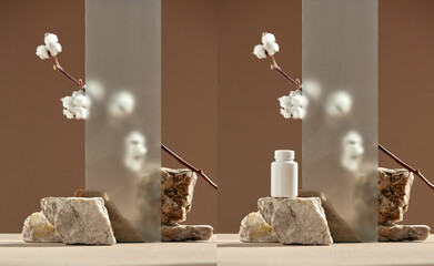 Stone podium for cosmetics placement, cotton sprig on beige backdrop. Empty showcase for cosmetic product presentation