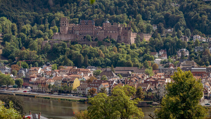 Fototapeta na wymiar panoramic view of Heidelberg from the Philosophenweg - old town of Heidelberg with the castle and the Old Bridge, Baden Wuerttemberg, Germany