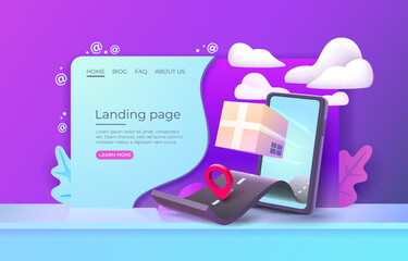 Landing page smart phone mail services, package position online, web banner. Vector