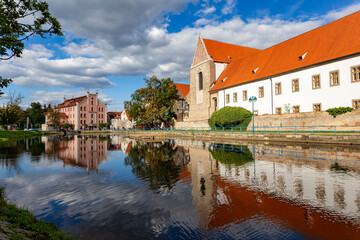Fototapeta na wymiar Church of Presentation of the Blessed Virgin Mary and Dominican Monastery are famous gothic landmarks of Ceske Budejovice. Czechia.