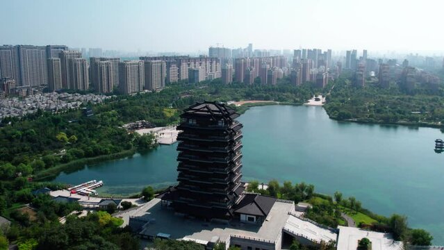 Aerial photography of ancient Chinese garden buildings in Zibo, Shandong