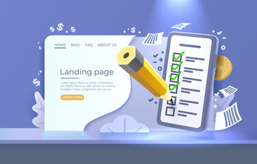 Landing page mobile document check list service, organization management, Smartphone mobile screen, technology mobile display. Vector 