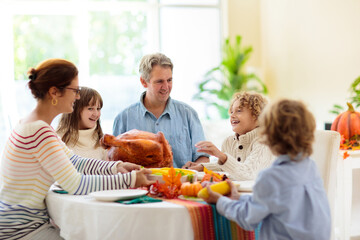 Obraz na płótnie Canvas Thanksgiving family dinner. Roasted turkey meal.