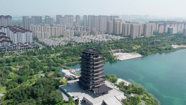 Aerial photography of ancient Chinese garden buildings in Zibo, Shandong