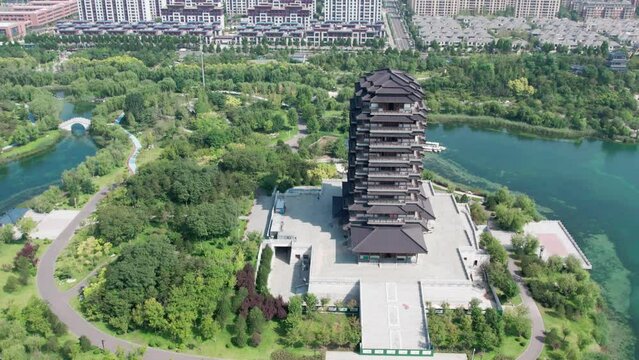 Aerial photography of ancient Chinese garden buildings in Zibo, Shandong