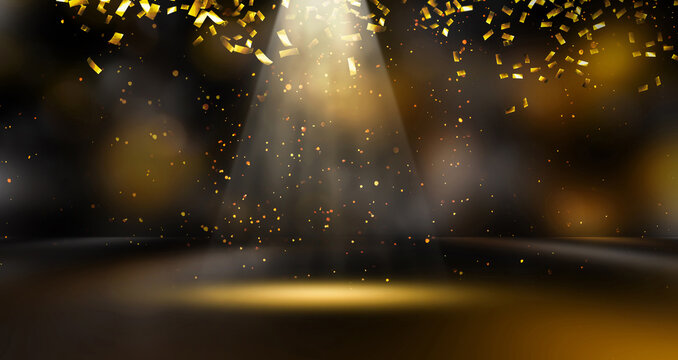 golden confetti rain on festive stage with light beam in the middle, empty room at night mockup with copy space  for award ceremony, jubilee, New Year's party or product presentations