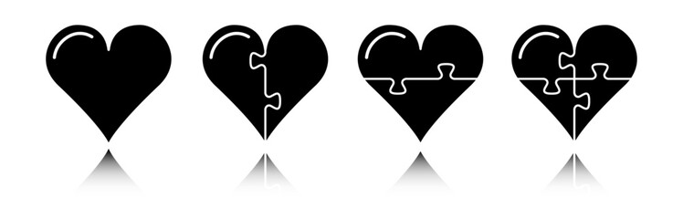 Puzzle pieces heart sign vector illustration. Variation of love hearts design and broken hearts isolated on white. Love concept heart set. 
