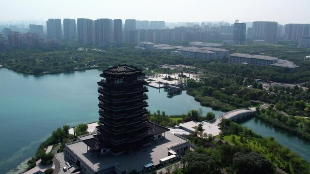 Aerial photography of ancient Chinese garden buildings in Zibo, Shandong