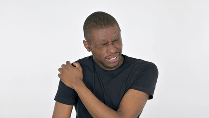 Fototapeta premium Young African Man with Shoulder Pain on White Background