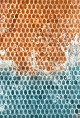 Cosmetic honey muisturizer texture. Bee cells and blue water. Honey ingredients toner or cream,...