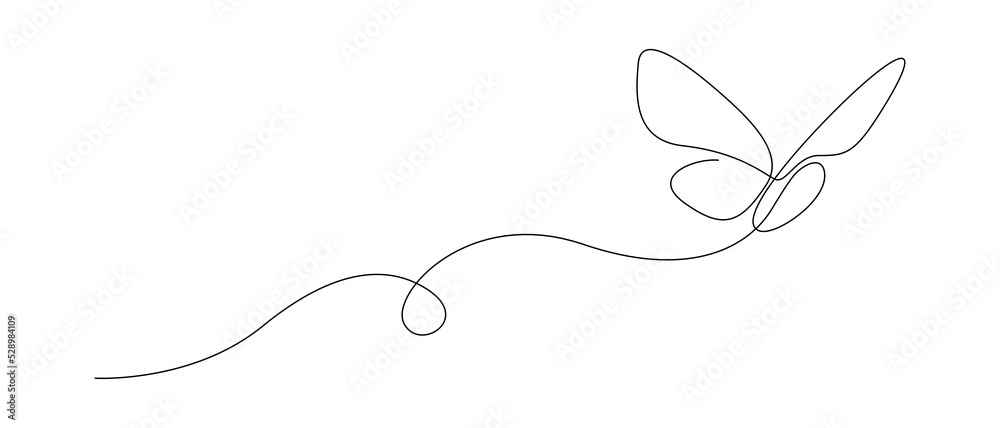 Poster butterfly in one continuous line drawing. beautiful flying moth for wellbeing beauty or spa salon lo