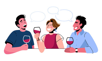 Friends met in a bar, talking, drinking wine, laughing and having a good time. Vector illustration of a company of people
