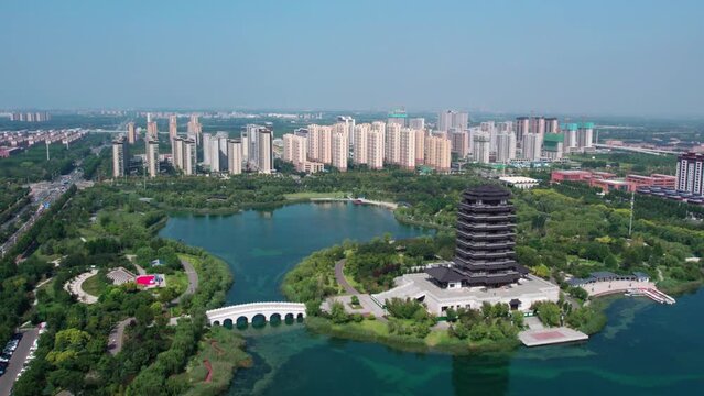 Aerial photography of ancient Chinese garden buildings in Zibo, Shandong