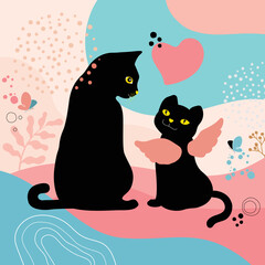 Black Angel Cat and Handsome Cat showing love in the Heaven that looks warm with love.