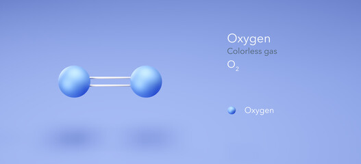 oxygen, colorless gas, molecular structures, 3d model, Structural Chemical Formula and Atoms with Color Coding