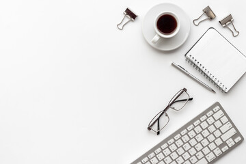 Monochrome design office work space. Home office desk with supplies